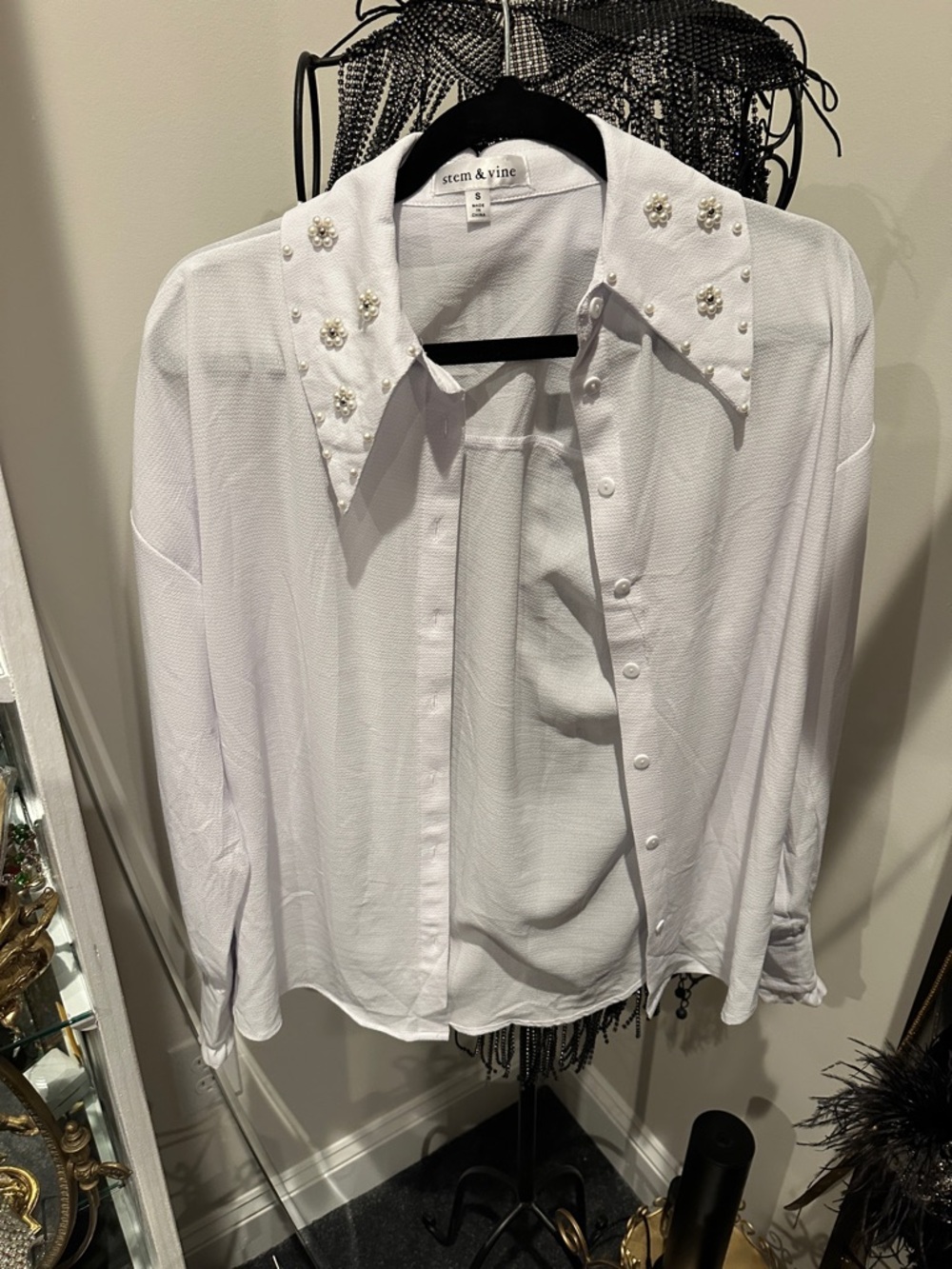 Stem & Vine Embellished White Button-Up Blouse ruffle sleeve